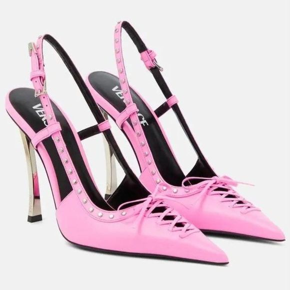 Versace Shoes - Versace Medusa Pink Lace Front Pointed Toe Buckled Slingback Sandals Size EU37